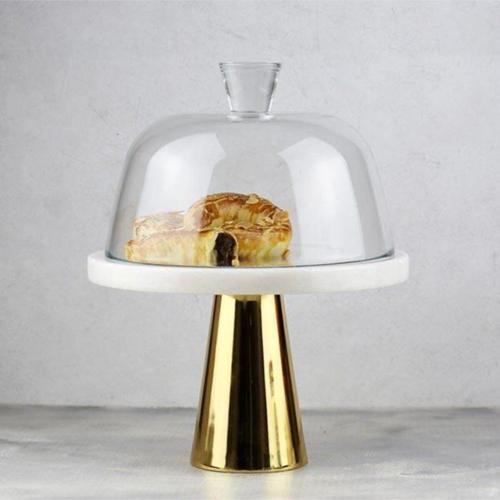 Mermer 25 Cm Altın Konik Ayak Beyaz Kalın Cam Fanus