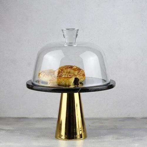 Mermer 25 Cm Altın Konik Ayak Siyah Cam Fanus