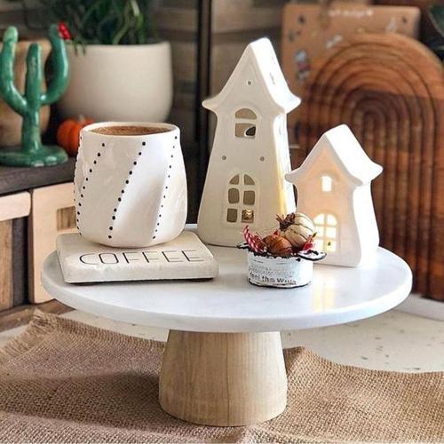 Mermer 25 Cm Konik Ahşap Ayaklı Beyaz Yuvarlak Sunum Tabağı