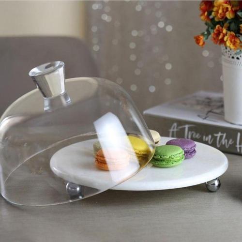 Mermer Beyaz 25 Cm Gümüş Boncuk Ayak Cam Fanus