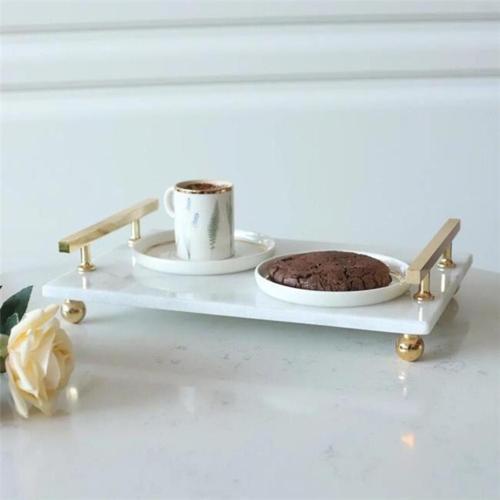 Mermer Beyaz Altın Boncuk Ayak Florya 30X19 Cm Tepsi, Nişan Söz Tepsisi, Peynir Tabağı, Kahve Köşesi