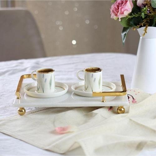 Mermer Beyaz Altın Boncuk Ayak L Dizayn 30X20 Cm Tepsi