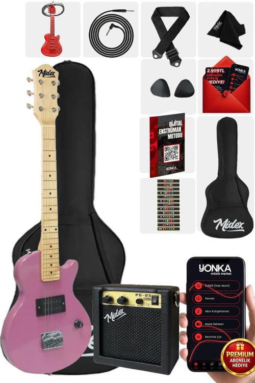 CEG-34PK 5-8 Yaş Çocuklar İçin Amfili Full 1/2 34 İnç Elektro Gitar Seti Pembe