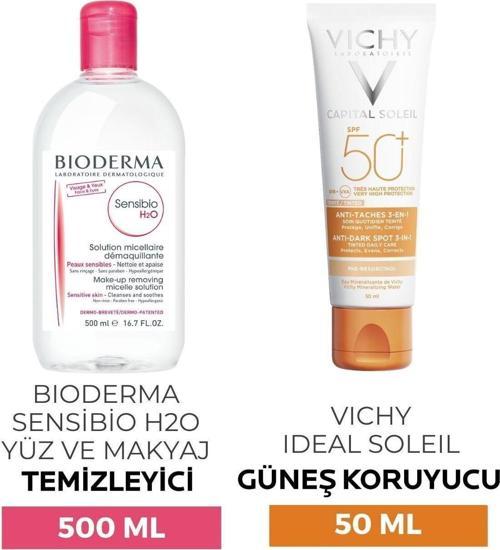 Ideal Soleil Spf50+anti-dark Spots 50 Ml + Bioderma Sensibio H2o Yüz Ve Makyaj Temizleme Suyu 500 Ml
