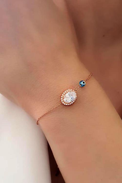 Nazar Boncuğu Detaylı Ayarlanabilir Zirkon Taşlı Gümüş Rose Bileklik