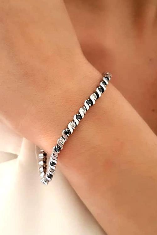 Oniks Ve Zirkon Taşlı Gümüş Suyolu Bileklik