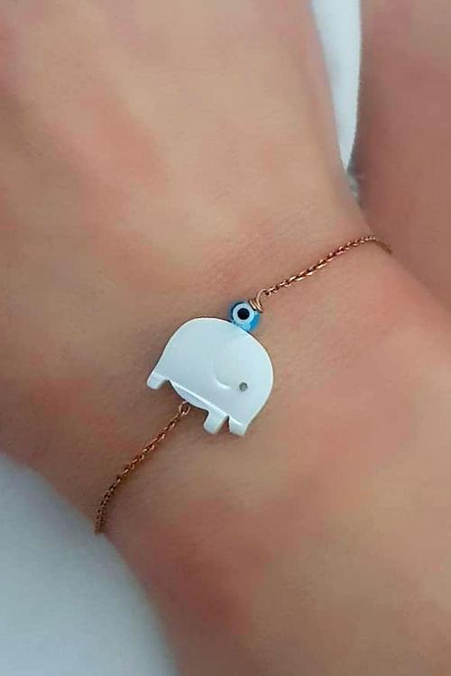 Sedef Taşlı Fil Figürlü Gümüş Rose Minimal Bileklik