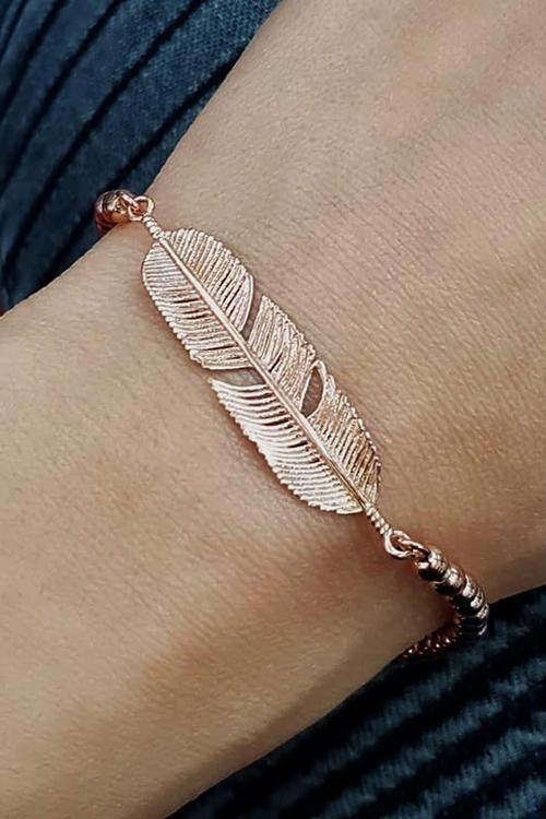 Tüy Figürlü Gümüş Üzerine Rose Altın Kaplama Bileklik