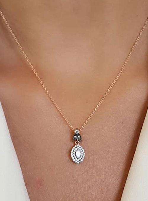 Elmas İsciliginde Zirkon Taşlı 925Ayar Gümüş Rose Minimal Mekik Kolye