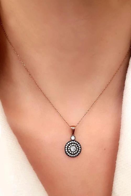 Elmas İsciliginde Zirkon Taşlı Gümüş Rose Kolye