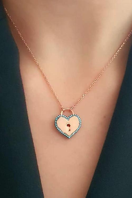 Kalp Kilit Figürlü Nano Turkuaz Taşlı Gümüş Rose Kolye