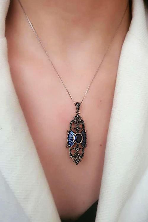 Mavi Zirkon Markazit Taş Detaylı Gümüş Tasarım Kolye