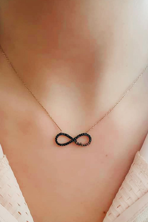 Oniks Taşlı Aşkım Yazılı Gümüş Rose Sonsuzluk Kolye