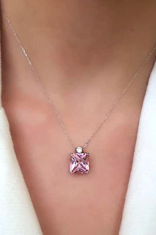 Pembe Zirkon Taşlı Gümüş Tasarım Kolye