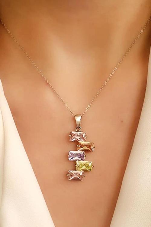 Renkli Baget Kesim Zirkon Taşlı Gümüş Lüks Kolye