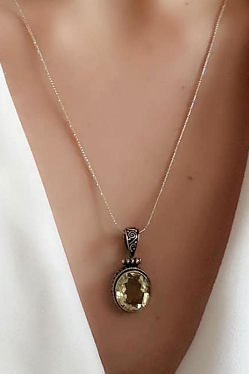 Sitrin Taşlı El İşi Tasarım Gümüş Kolye