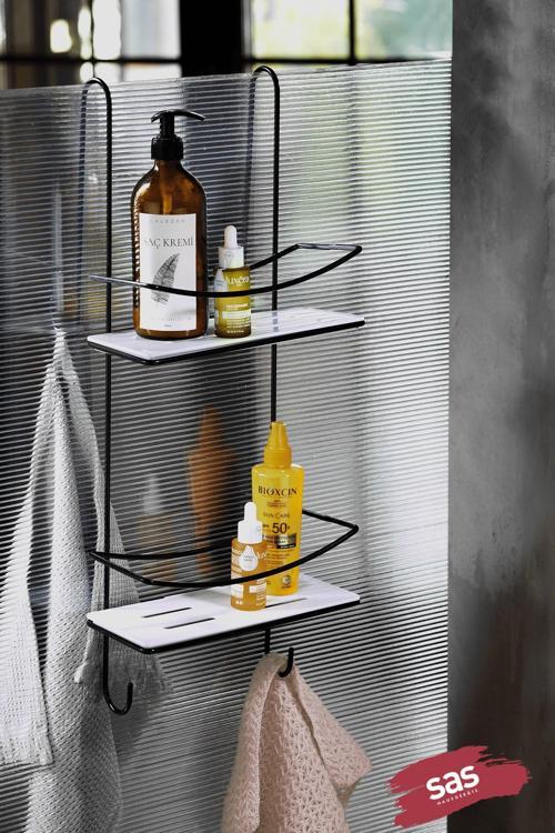 Ömür Boyu Paslanmaz Kristal Raf Banyo Düzenleyici Şampuanlık SİYAH-BEYAZ Duşakabin Askısı DŞKSB