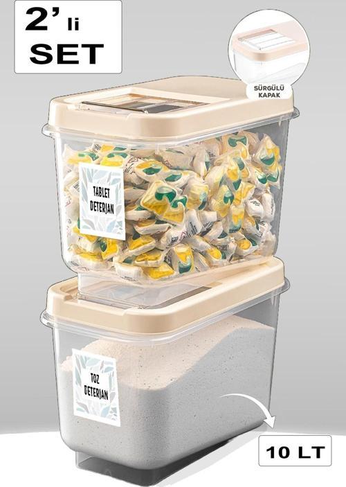 Kayar Kapaklı Deterjan Saklama Kabı Tablet Deterjan Saklama Kutusu Krem 2 Adet Multibox 10 Lt