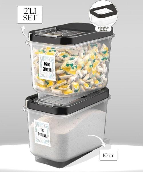 Kayar Kapaklı Deterjan Saklama Kabı Tablet Deterjan Saklama Kutusu Siyah 2 Adet Multibox 10 Lt