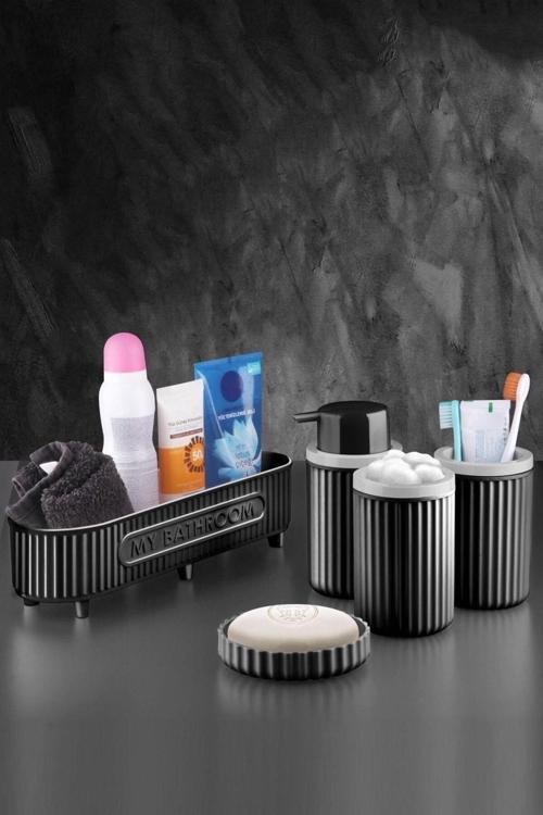 Banyo Takımı Diş Fırçalık Sıvı Sabunluk Katı Sabunluk Pamukluk 5 Lİ Set Siyah 3386      601 - B