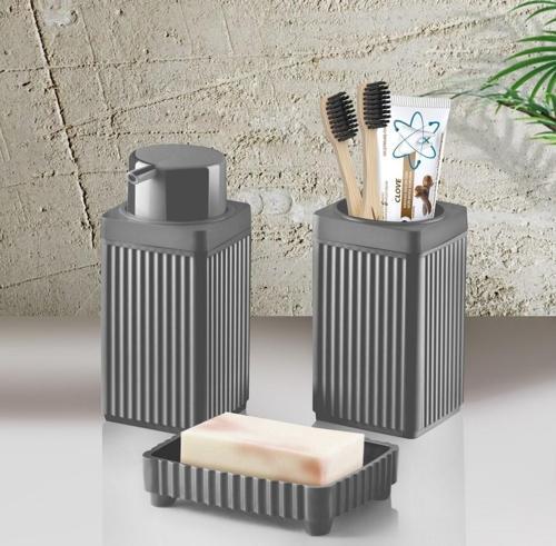 Banyo Takımı Diş Fırçalık Sıvı Sabunluk Katı Sabunluk 3 Lü Set Açık Gri 3465