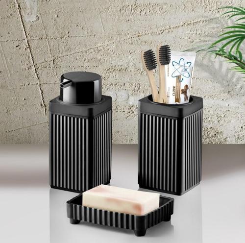 Banyo Takımı Diş Fırçalık Sıvı Sabunluk Katı Sabunluk 3 Lü Set Siyah 3465