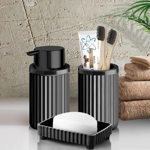 Banyo Takımı Diş Fırçalık Sıvı Sabunluk Katı Sabunluk 3 Lü Set SİYAH P-3319