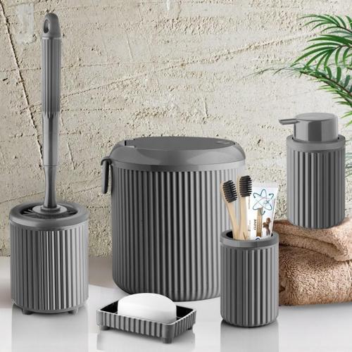 Çöp Kovası Tuvalet Fırçası Sıvı Sabunluk Diş Fırçalık Katı Sabunluk 5 Parça Banyo Seti 4 Litre Gri 3