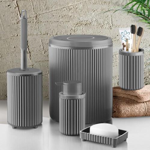 Çöp Kovası Tuvalet Fırçası Sıvı Sabunluk Diş Fırçalık Katı Sabunluk 5 Parça Banyo Seti 5 Litre Gri 3