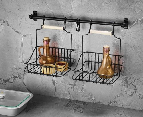 Ferforje Metal Sepet Askı Ve Kanca Set Siyah Retro 2 Sepetli