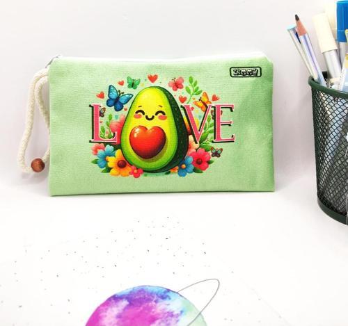 Love Avokado Çiçekli Desenli Kalem Kutusu Yıkanabilir Bez Kalemlik