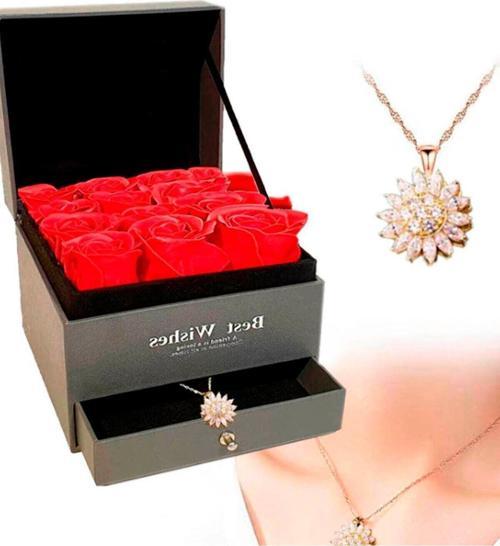 9 Adet Gül Çekmeceli Kutu Ve Dönen Zirkon Kaplama Kolye Sevgiliye Eşe Doğum Günü Hediye Kolye Seti