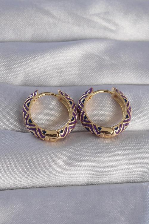 Pirinç Gold Renk Mor Etnik Desenli Halka Küpe - TJ-BKP9076