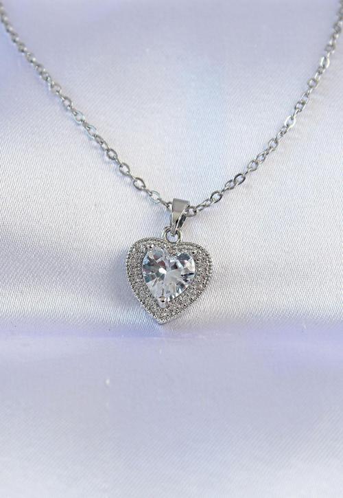 316L Çelik Zincir Gümüş Renk Zirkon Taşlı Charm Kalp Kolye - TJ-BKO8744