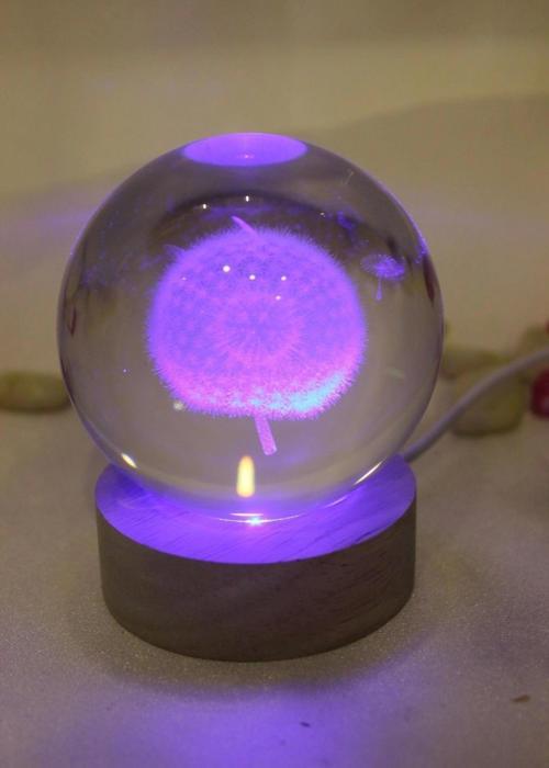3D Led Işık Cam Küre Çok Işıklı Ahşap Hindiba Çiçeği 6 cm