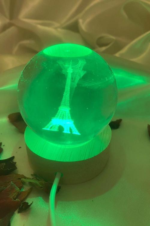 3D Led Işık Cam Küre Kristal Küre Dekoru Gece Lambası Çok Işıklı Ahşap Eyfer Kulesi 6 cm