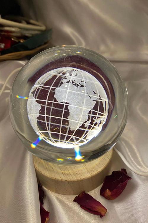 3D Led Işık Cam Küre Tek Renk Ahşap Dünya Büyük Boy 10 cm