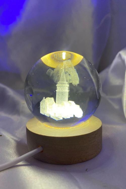 3D Led Işık Gecelambası Cam Küre Tek Renk Günışığı Ahşap Galata Kulesi Gece Lambası 6 cm