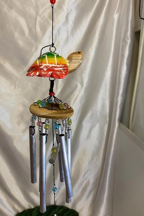 Deprem Çanı Zili Rüzgar Çanı Ahşap Kaplumbağa Figürlü 6 Metal Borulu