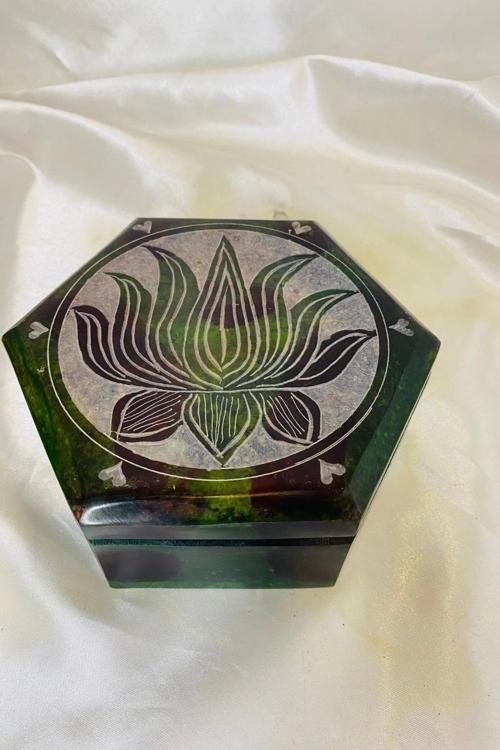 Doğal Taş Obsidyen Mücevher Kutusu El işi Yeşil Lotus