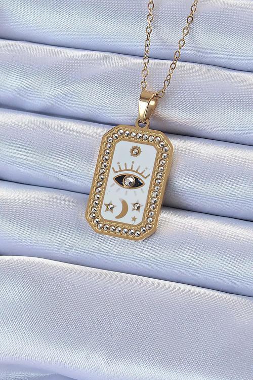 Altın Renk Mineli Zirkon Taşlı Göz Figür Tarot Kolye - EBJ240920W28155