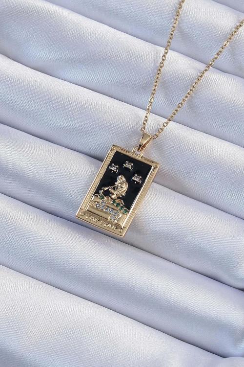 Altın Renk Zirkon Taşlı Siyah Mineli Kız Figürlü Tarot Kolye - EBJ240920W28211