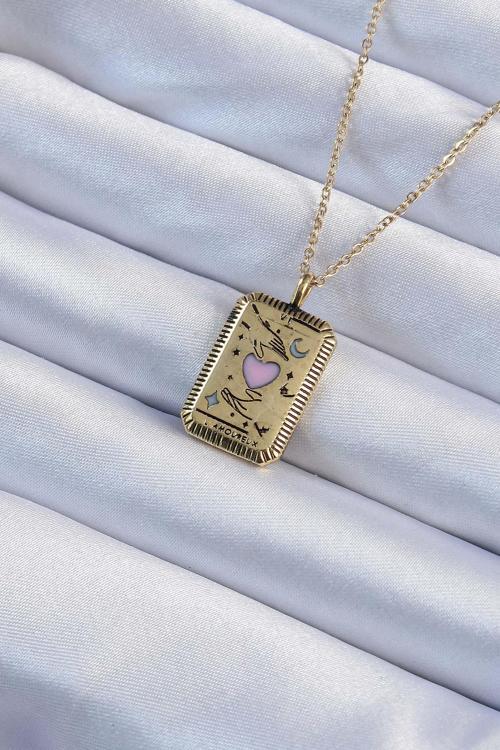 Eskitme Altın Renk Pembe Mineli Kalp Figürlü Tarot Kolye - EBJ240920W28215