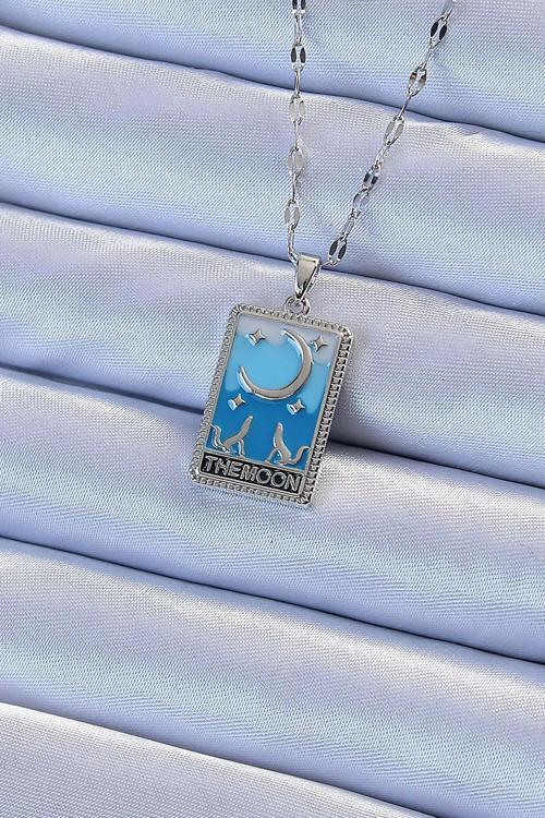 Gümüş Renk Mavi Mineli Ay Figür Tarot Kolye - EBJ240920W28152
