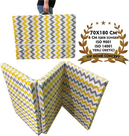 Katlanır Kamp Yatağı Çadır Yatağı Sünger Yatak Fermuarlı 70X180 Cm 6 Cm-Sarı Gri Zikzak