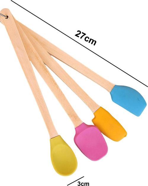 4 Parça Spatula Seti Silikon Ahşap Sap