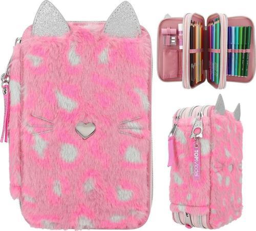 3 Katlı Pembe Peluş Kedili Kalem Kutu