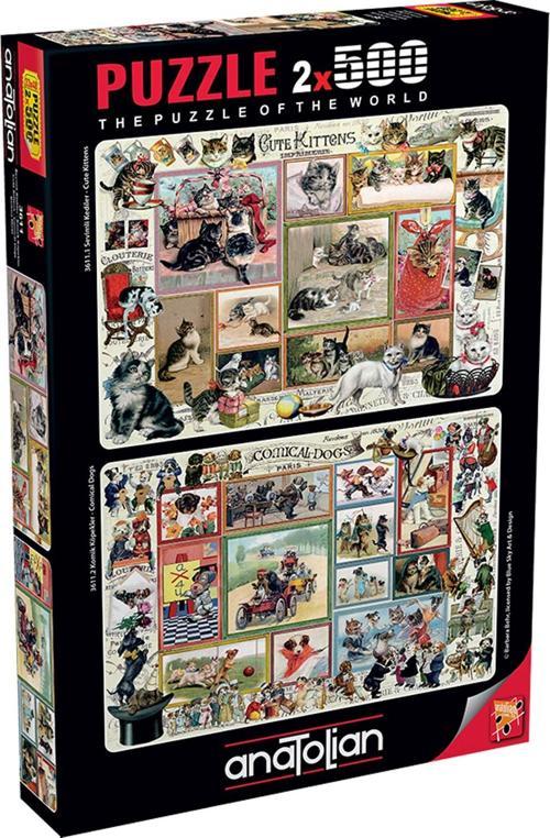 2x500 Parçalık Puzzle - Sevimli Kediler , Komik Köpekler  3611