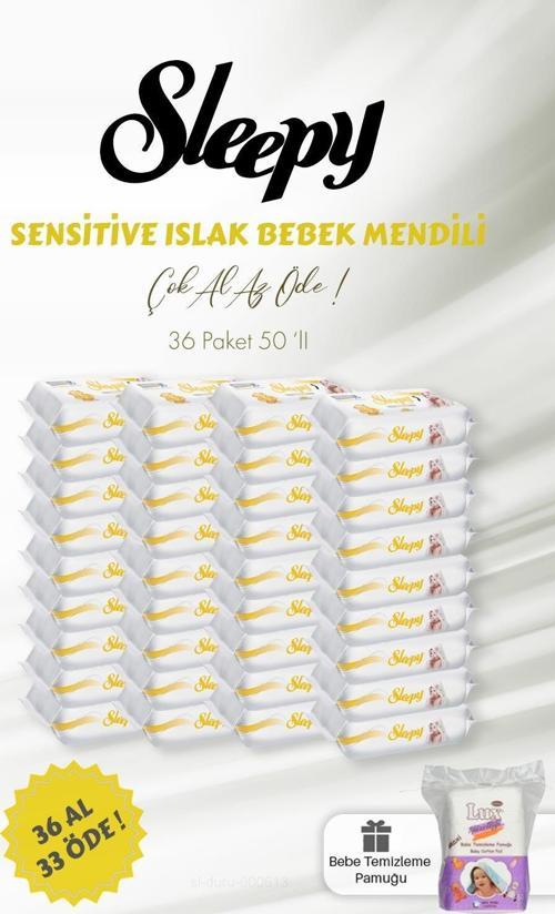 36 AL 33 ÖDE 50'li Sleepy Sensitive Islak Bebek Mendili ve Bebe Temizleme Pamuğu