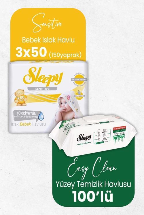 Sensitive Islak Bebek Mendil 3 x 50 Adet ve Temizlik Havlusu 100' lü